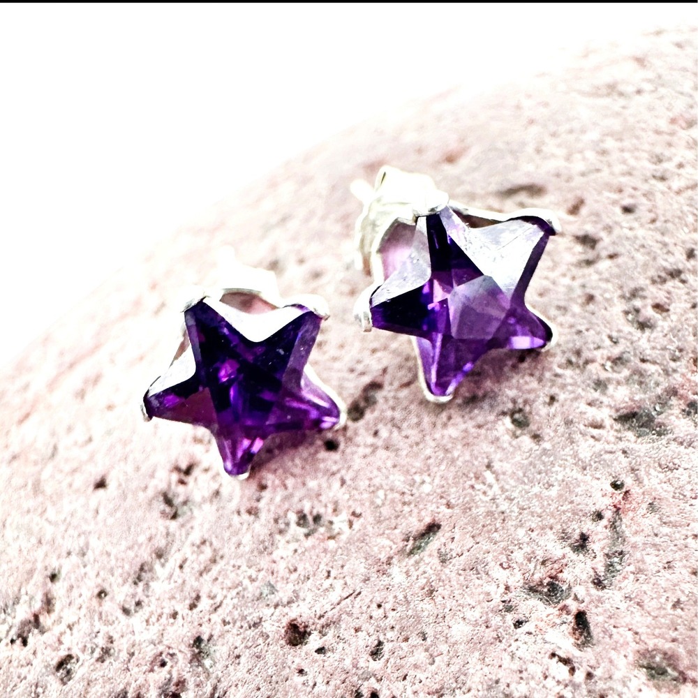 Sterling Silver 925 Purple Amethyst Star Stud Earrings‎ 7mm Faceted Signed
